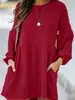 2026 Amazon Europeu e Americano transfronteiriço feminino outono e inverno estilo casual com nervuras bolso com fivela diagonal cor sólida vestido de manga comprida