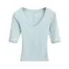 Camiseta Corta de Manga Media Hombro Caído Cuello en U Ajustada para Mujer Color Sólido Estilo Chica Francesa Caliente Top de Manga Corta para Mujer Verano SY9039