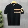 Nueva camiseta de punto de manga corta para hombre de verano, a rayas, simple, business casual, corte ajustado, camiseta de seda helada, venta al por mayor transfronteriza