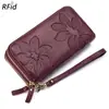 Carteira Feminina Personalizada em Couro Genuíno com Zíper Duplo RFID Grande Capacidade Estilo Longo Couro Bovino de Primeira Camada Bolsa para Celular Bolsa de Mão