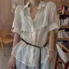 Moda Femenina de Alta Gama Dongdaemun Coreana 26 Camisas con Textura Plisada, Diseño Adelgazante, Camisas de Manga Corta con Cuello de Solapa, Dos Piezas