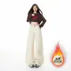 Naranja Infantil # Estilo Primavera Nuevo Pantalones Casuales de Pana con Forro Polar de Pierna Ancha para Mujer, Corte Holgado, Adelgazantes, Cálidos, Versátiles, Pantalones Largos hasta el Suelo.