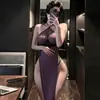 Atractiva lencería erótica de talla grande, tentación de deseo puro sexy transparente, vestido transparente de cuello halter para mujer madura, vestido largo sexy