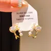 Aretes de plata chapada en oro real de 14 quilates con pasador de plata, circonita y perla redonda, aretes de lujo ligero de alta gama, aretes versátiles y exquisitos para mujer