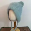 Chapéu de Tricô Fofo Estilo Japonês com Orelhas de Urso e Pelo de Coelho para Mulheres, Chapéu de Lã Quente Espesso e Fofo com Amarração e Proteção para Orelhas