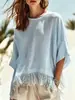 Ropa Nueva para Mujer de Comercio Exterior Transfronterizo Europeo y Americano, Top Holgado de Algodón y Lino con Dobladillo de Borlas de Color Sólido, Mangas Murciélago Ligeras y Transpirables