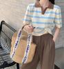 Tejido de Punto de Seda de Hielo Delgado de Verano con Cuello Polo para Mujer 2025 Nuevo Suelto Corto Retro a Rayas Camiseta de Manga Corta