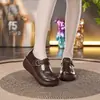 Sapatos Loafers Salto Médio Femininos 2026 Outono Novo Bico Redondo Sola Macia Casuais Retrô Sapatos de Mãe Sapatos com Tira em T