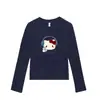 Camiseta de Algodão Puro Estilo Americano Estampa de Desenho Gato Kt Manga Longa para Mulheres, Nova Camada Base Slim-Fit para Primavera e Outono