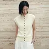 Colete de Tricô sem Mangas com Gola Alta de Lã Fina para Mulheres, Colete de Verão de Botão Único para o Trabalho, Macio e Elegante