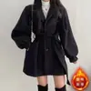 Ropa de Otoño e Invierno Estilo Coreano Nuevo Pequeño de Longitud Media Abrigo de Lana para Mujer con Mangas de Linterna Cuello de Traje de Tirantes Abrigo Transfronterizo