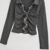 Camiseta Gris de Hombro Derecho con Cuello en V y Mangas Largas para Mujer Otoño Temprano Cuadros Corbata Diseño de Cintura Delgada Top Corto Sexy