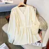 Camisa de Manga Larga con Cuello en V de Diseñador para Mujer, Tallas Grandes, Ceñida en la Cintura, que Oculta el Vientre, Top Rejuvenecedor