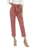 Decoración de Cinturón Transfronteriza al por Mayor Pantalones Cropped Casuales para Mujer Cintura Elástica Diseño de Bolsillos Pantalones Cropped Adelgazantes