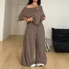 Conjunto de Dos Piezas para Mujer Tallas Grandes Transfronterizo Hombros Descubiertos Holgado Manga Corta, Estilo Perezoso Top con Hombros Caídos y Cordón Pantalones de Pierna Ancha de Cintura Alta