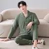 Novos pijamas de algodão puro para homens, estilo primavera e outono, soltos, simples, casuais, de manga comprida, calças compridas, cardigã, conjunto de roupa para casa para o outono