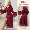 Bata de Noche de Encaje Patchwork de Lujo Ligero Privada con Mangas Acampanadas de Satén y Lazo, Estilo Largo, Sensación Atmosférica, Bata de Baño para Mujer 682