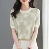 Camiseta Casual de Punto de Seda Helada de Manga Corta para Mujer, Estilo Nuevo de Verano, Cuello Redondo, Estampado Floral, Estilo Mamá, Camisa Fina para Mujer