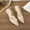 Sandalias de verano con hebilla, tela de encaje, tacón de aguja, punta fina, moda 2026 nuevo estilo coreano, parte trasera abierta con punta cerrada