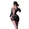 Shuoyao Meia-Calça Sexy de Renda com Gola Halter Emagrecedora Transparente Vazada Estoque Quente Vestido Body de Renda Sedutor Peça Única para Mulheres 8256
