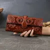 Cartera Larga de Cuero Genuino para Mujer, Cartera Horizontal de Piel de Vaca de Primera Capa con Múltiples Ranuras para Tarjetas, Cartera Retro con Relieve, Bolso de Mano Estilo Chino