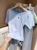 Camiseta de Punto Cuadros de Seda de Hielo para Mujer Manga Corta Verano Hombro Derecho Aroma Pequeño Holgada Nueva 2025 Media Manga