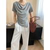 Sinan Segredo Gentil Design Mesclado com Tencel Gola Swing com Contas Manga Curta Ajuste Slim Camiseta Sn7712