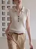 Atuendo Estilo Old Money: Chaleco de punto de seda helada con cuello polo de verano para mujer, top sin mangas con cuello desplegable para usar como prenda exterior