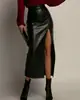 Falda larga elegante de estilo europeo y americano, color liso, costuras de piel sintética PU, cintura alta, ajustada, abertura en la cadera, cremallera larga
