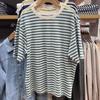 Ropa Japonesa para Hombres Solteros Mujeres 2023 Verano Rayas Sueltas Manga de Cinco Cuartos Camiseta 455414 457930 457931