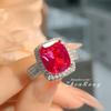 Anel de rubi de cultivo real de luxo leve em forma de travesseiro retrô gordo longo quadrado corindo vermelho anel de diamante de alto carbono para mulheres