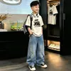 Nuevo Estilo Niños Tendencia Fútbol Manga Corta Jeans Ropa Marca de Moda Comercio Exterior Ropa Infantil Niños Conjunto de Verano