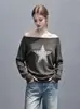 Tejido Vintage Desgastado Hombro Asimétrico Casual Estilo Estrellado Nuevo Simple Estilo Remache Top de Otoño 2673
