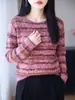Suéter de Lã de Alpaca Fio Mesclado Outono Inverno Feminino Cor Mista Fio Texturizado Manga Longa Solto Quente Suave Malha Camada Base
