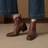Botas de mujer vintage estilo británico de cuero genuino para comercio transfronterizo, botines negros gruesos de punta cuadrada con cremallera lateral, botines marrones de otoño e invierno estilo Martin