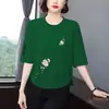 Comercio Transfronterizo~Ropa de Alta Gama para Mujeres de Mediana Edad y Mayores, Camiseta Estampada de Manga Tres Cuartos, Corte Holgado, Adelgazante, Favorecedora, Elegante, Top que Rejuvenece