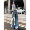 Jeans Vintage de Cintura Alta Rasgado Wide Leg para Mulheres, Novo Estilo com Buracos, Corte Reto Solto, Emagrecimento, Calças Casuais de Comprimento Total