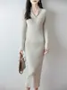Elegante vestido de punto acanalado de lana pura con estampado de frutas verdes para mujer, ajustado, para otoño e invierno, de cuerpo ceñido, largo, adecuado para ir al trabajo y como capa interior