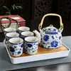 Juego de Té para el Hogar de Porcelana Azul y Blanca Retro con Filtro Tetera Cerámica Tazas de Té Olla con Asa Juego de Té