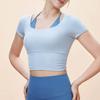 Nova camiseta feminina de manga curta com mangas curtas e mangas curtas para esportes com almofada no peito Running Sports Top