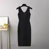 Vestido de Tricô com Alças Sexy Costas Nuas Estilo Retrô Francês Cintura Alta Afinando Fenda Saia Midi para Mulheres Outono