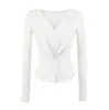 Camiseta de manga larga con retazos de encaje, estilo dos piezas falso, cuello en V para mujer, cárdigan casual de primavera, estilo puro y seductor, corte ajustado, ceñida a la cintura, top corto