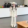 Conjunto de Sudadera con Cremallera Estilo Coreano para Niñas Otoño Nuevo con Pantalones de Pierna Ancha Acampanados, Chaqueta Corta Infantil