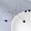 Pendientes Jingxu de Plata de Ley 925 con Forma de Corazón, Incrustados con Ágata Negra, Pendientes y Collar, Lujo Accesible Ins, Set de Gama Alta
