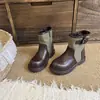 Botas Martin de lona patchwork con bloques de color para niñas, otoño e invierno, color café, de media caña, estilo princesa, botines individuales, amarillas, estilo británico retro