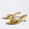 Sandalias de Verano con Tacón Alto para Mujer para Comercio Transfronterizo, Zapatos Elegantes de Punta Dorada con Tacón Kitten Bajo y Zapatillas con Tacón de Copa de Vino