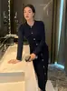 Vestido de punto estilo Chanel para mujer, vestido midi de manga larga para otoño, cuello redondo, de un solo pecho, elegante y adelgazante, adecuado para el trabajo