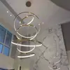 Villa Duplex Andar Intermediário Lustre Longo Vazado Lâmpada de Sala de Estar Luz Vazada Luxo Leve Anel Circular de Aço Inoxidável Lustre de Escada