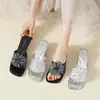 Sandalias de Tacón Grueso de Moda con Punta Cuadrada para Mujer, Sandalias Deslizantes Transparentes de Cristal con Tacón Medio Verano 2026 para Mujer