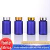 Em estoque fornecimento 150ml garrafa de cilindro azul fosco frasco de cuidados de saúde comprimido garrafa de doces pet brilhante ouro tampa garrafa